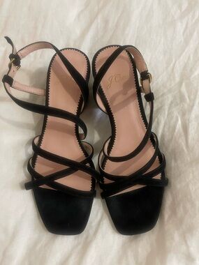 J. Crew Black Strappy Suede Heeled Sandals with Pink Insole